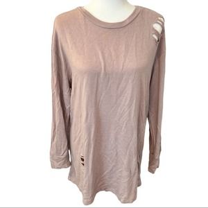 Audrey 3+1 | Distressed Crewneck Long Sleeve Sweater Dress - Taupe